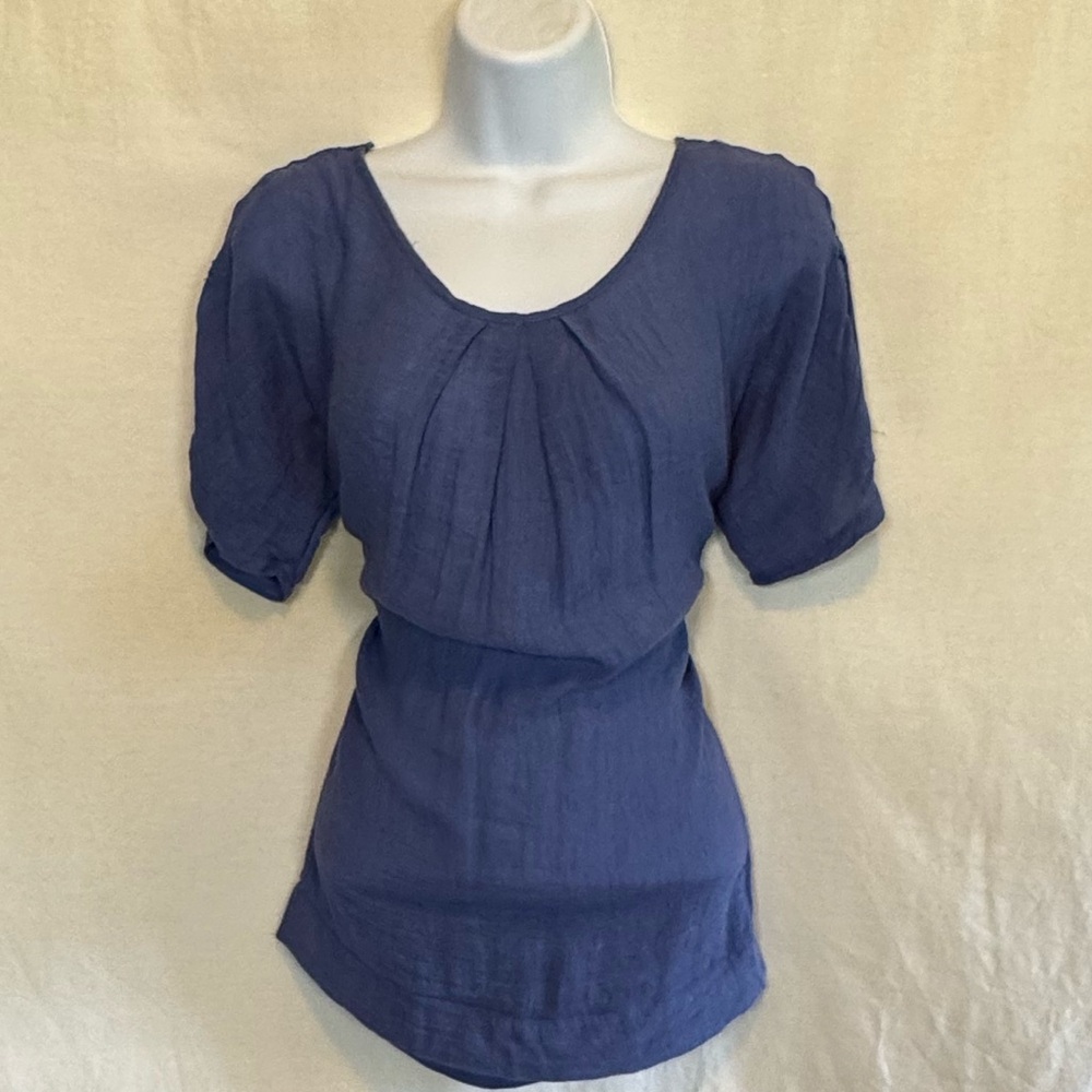 E-57‎ Omonsim Blue Lace Back Short Sleeve Pullover Blouse Size S
